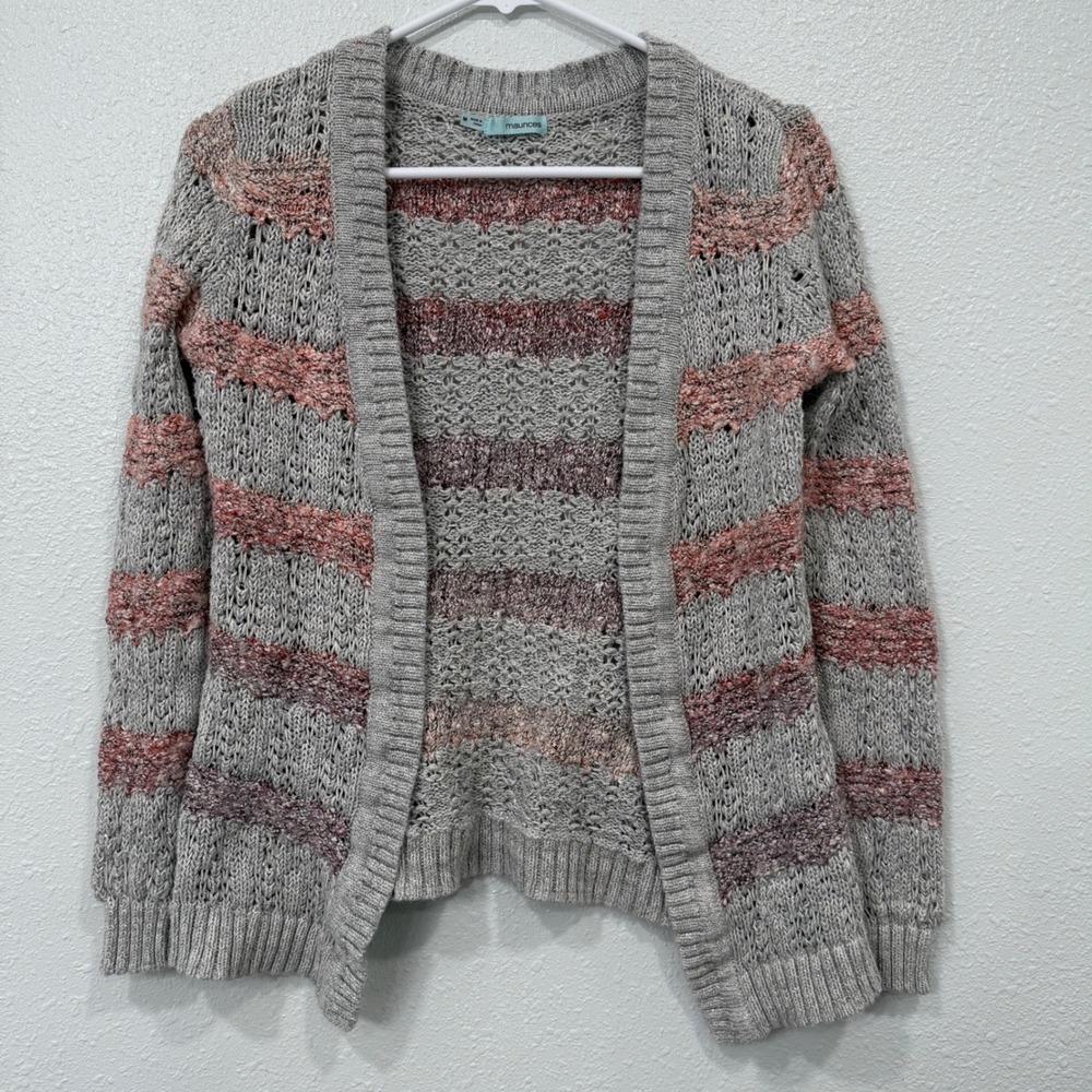 maurices Striped Open Front Knit Cardigan Sweater Gray Pink Purple Women's M‎